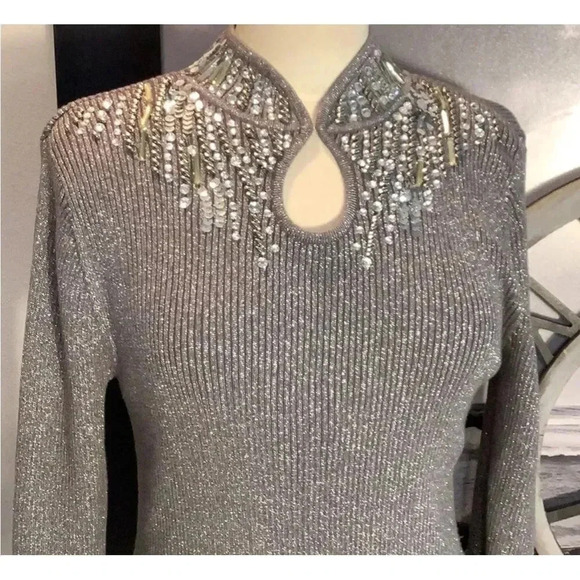 Y2K McBling Indie Sleaze Silver Rhinestone Keyhole Neck Sweater XL - Picture 5 of 10